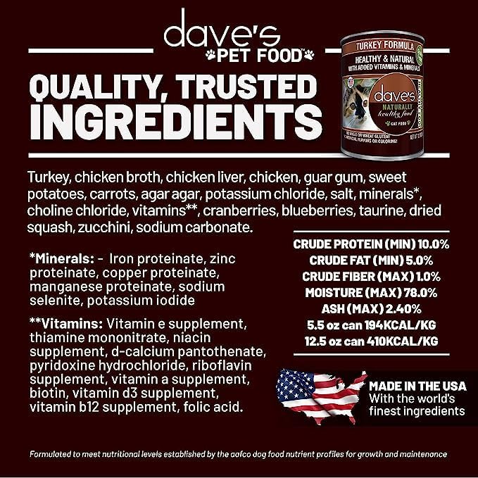 Dave's Pet Food Grain Free Wet Cat Food Pate (Turkey), Made in USA Naturally Healthy Canned, Added