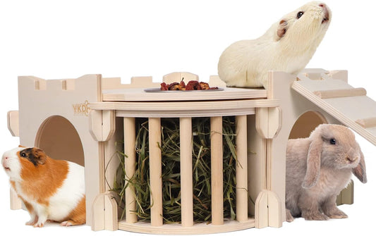 Large Guinea Pig Castle, Natural Wood Rabbit House with Ladder and Hay Feeder, Small Animal Hideout
