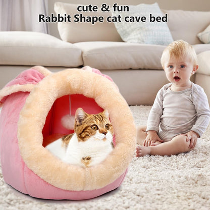 Lcybem Cat Beds for Indoor Cats - Rabbit-Shaped Cat Cave Bed with Hanging Toy,Super Soft Calming