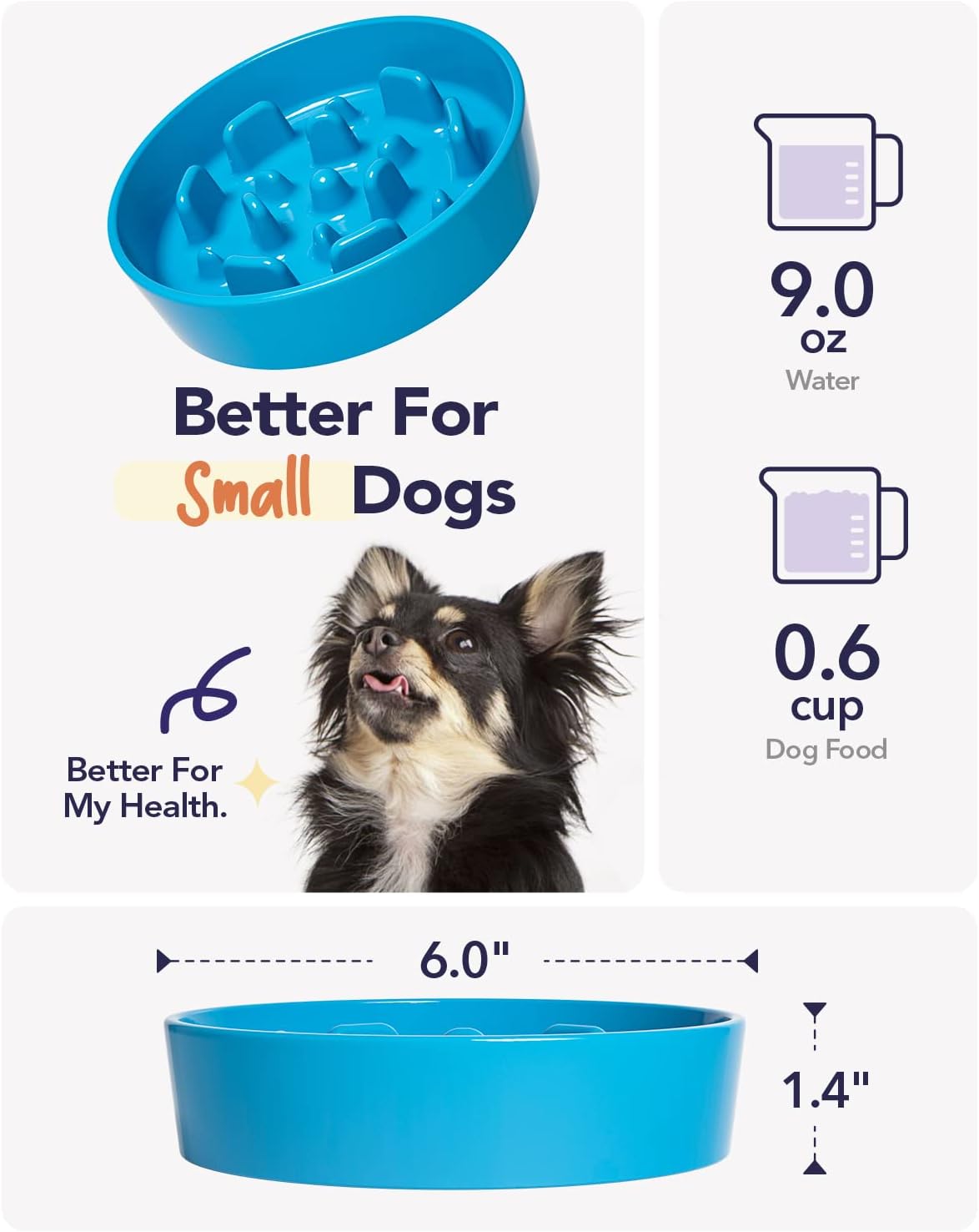 LE TAUCI Ceramic Slow Feeder Dog Bowls Small Breed, 0.6 Cups Dog Food Dish for Fast Eaters, Puzzle