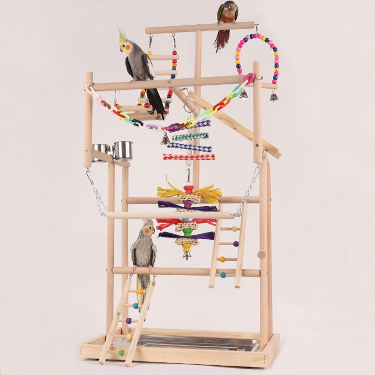 Bird Playstand Parrot Playground Wood Play Stand Gym Perch 4 Ladder Playgym with Exercise Toys