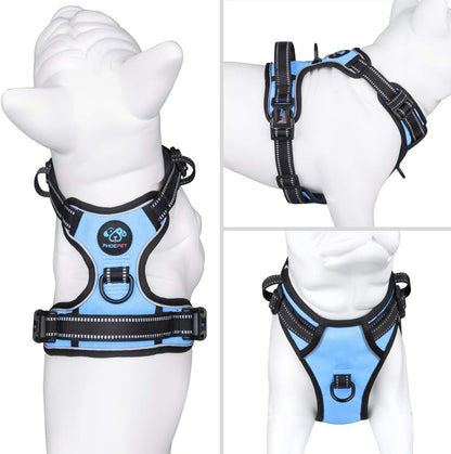 PHOEPET No Pull Dog Harness Reflective Adjustable with 2 Metal Leash Hooks and Soft Training Handle