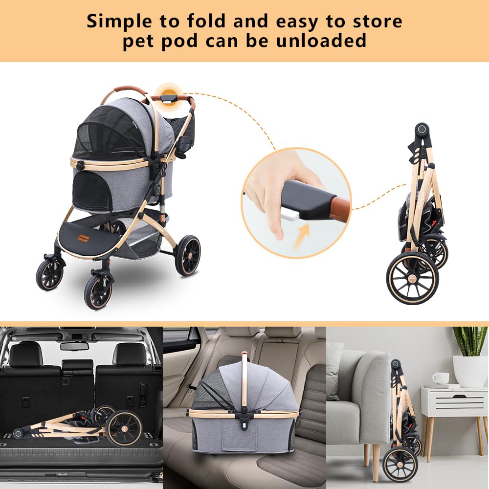 Pettingzoo Dog stroller with 4 Wheels, Folding Cat Stroller for Small/Medium/Large dogs & cats to