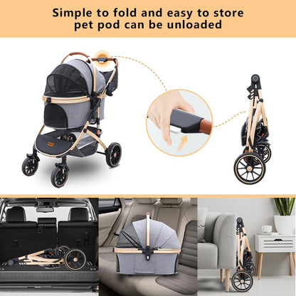 Pettingzoo Dog stroller with 4 Wheels, Folding Cat Stroller for Small/Medium/Large dogs & cats to