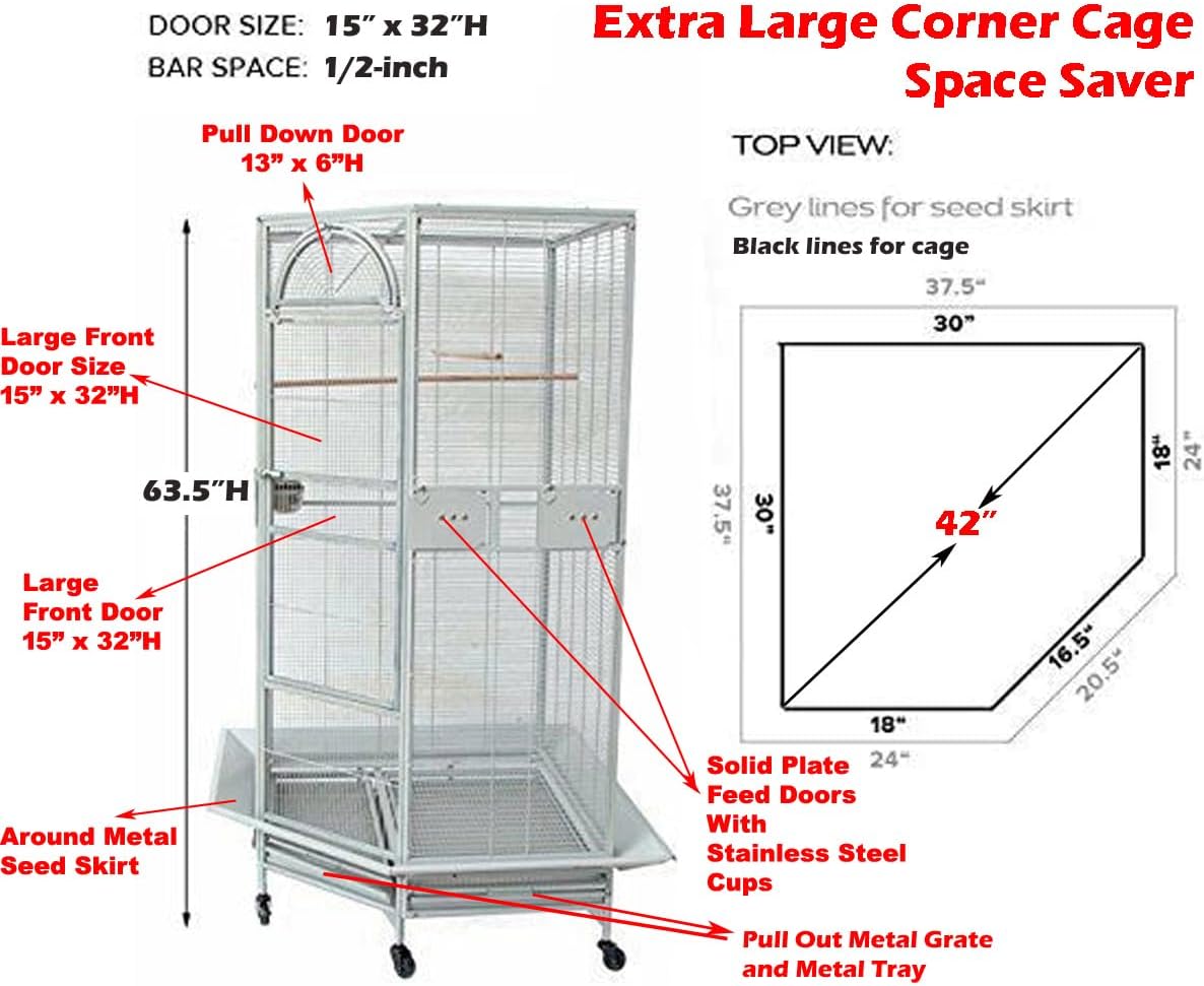 X-Large Corner Parrot Bird Flight Breeding Wrought Iron Rolling Home Cage Solid Plated Feeder Doors