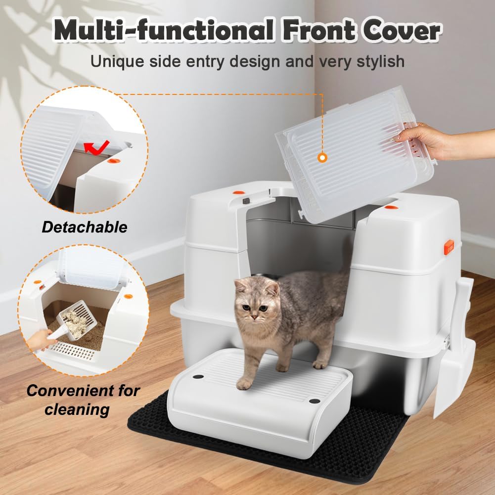 Vivifying Stainless Steel Litter Box with Lid, XL Side Entry Extra Large Litter Box for Big Cats &