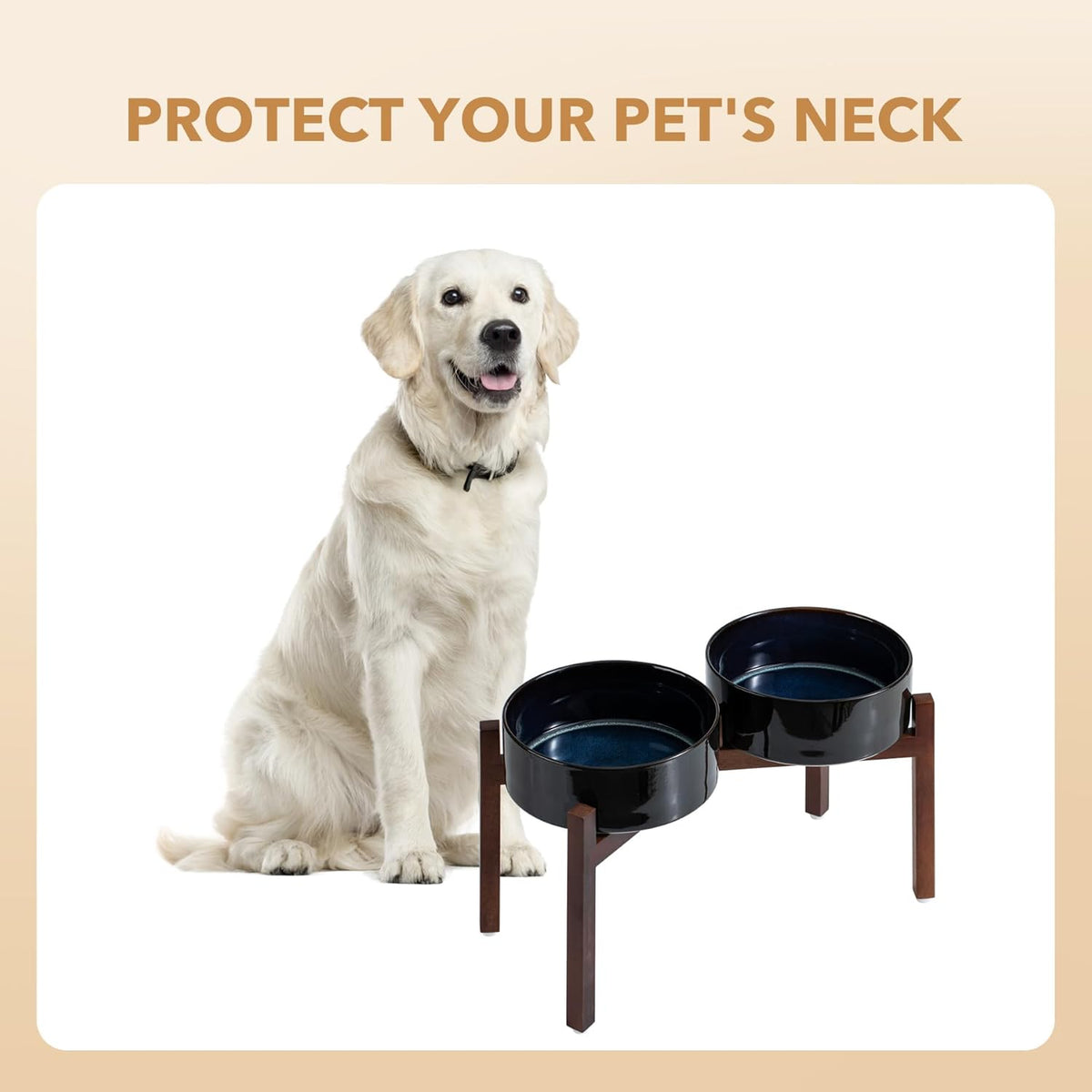 Ceramic 8.2inch Raised Double Dog Bowls Set with Acacia Wood Stand, Food & Water Bowls for Large