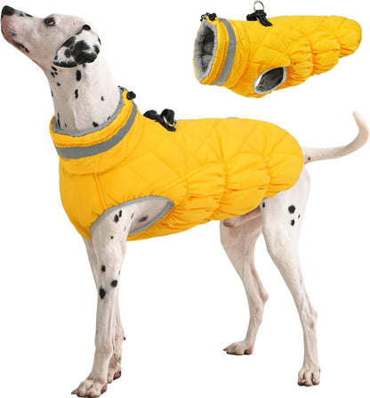 FUAMEY Dog Coat for Large Dogs,Waterproof Dog Winter Jacket with Harness Built in Puppy Cold