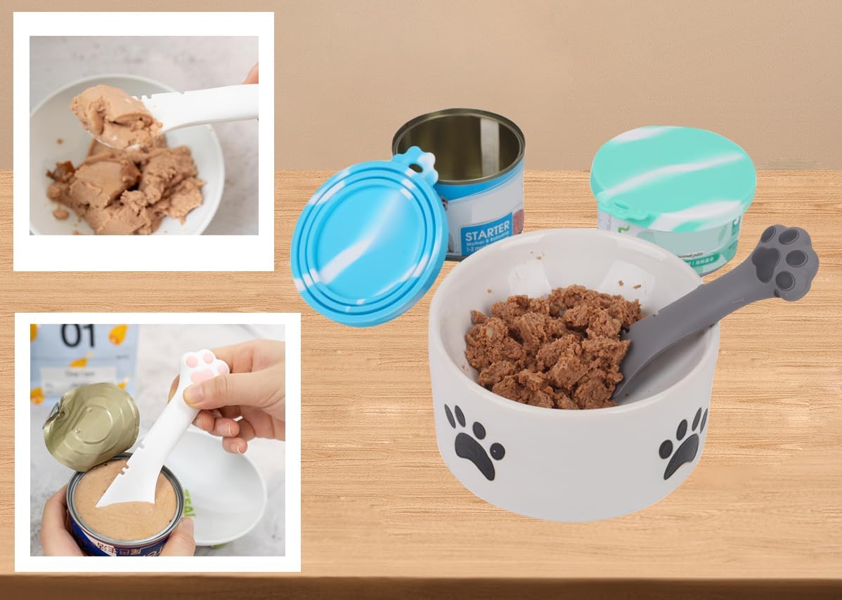 Comtim 5 PCS Pet Food Can Lids & Spoons Set - Silicone Dog Cat Food Can Covers Lids
