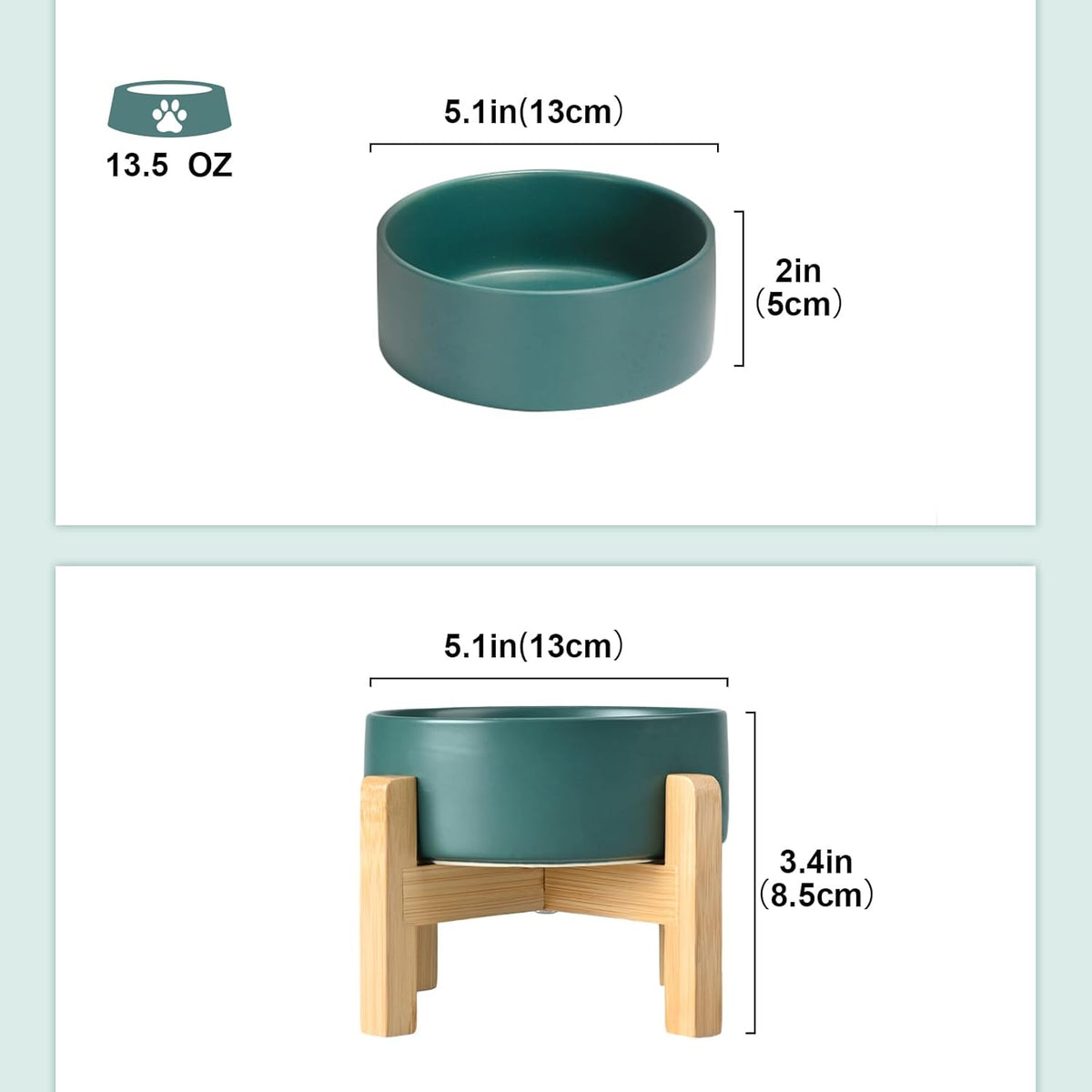 SPUNKYJUNKY Ceramic Elevated Dog Bowls 2 Pack - 5.1inch Raised Dog Bowls with Non-Slip Wooden Stand