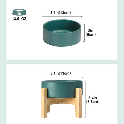 SPUNKYJUNKY Ceramic Elevated Dog Bowls 2 Pack - 5.1inch Raised Dog Bowls with Non-Slip Wooden Stand