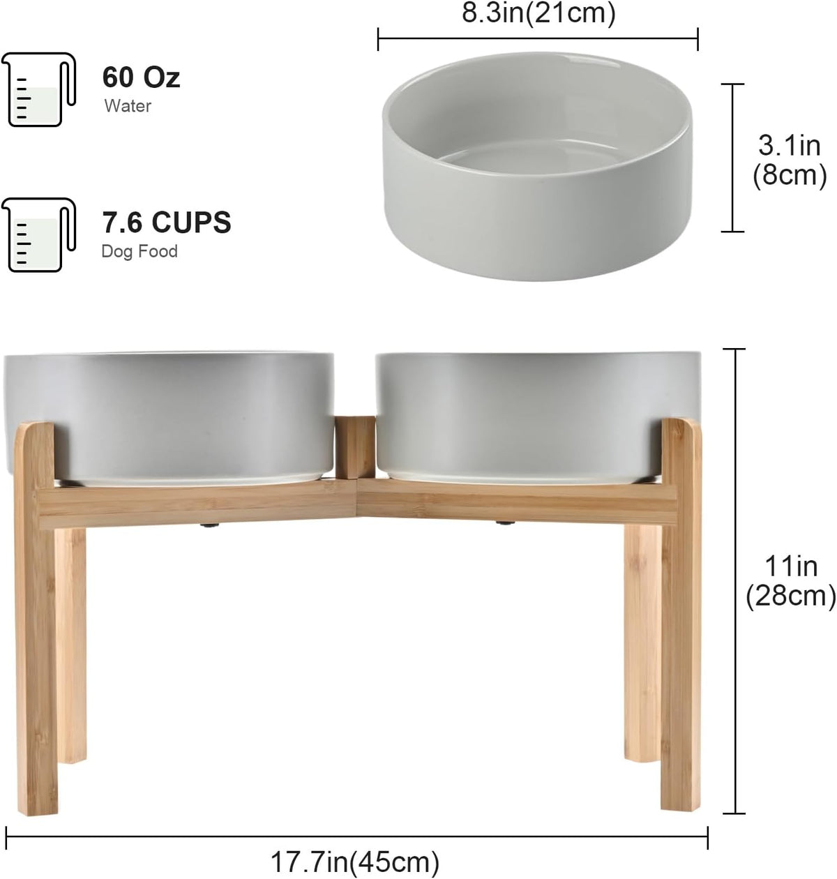 SPUNKYJUNKY Elevated Dog Bowls Ceramic, 8.3'' Dogs Food Water Bowls Raised with Non-Slip Bamboo