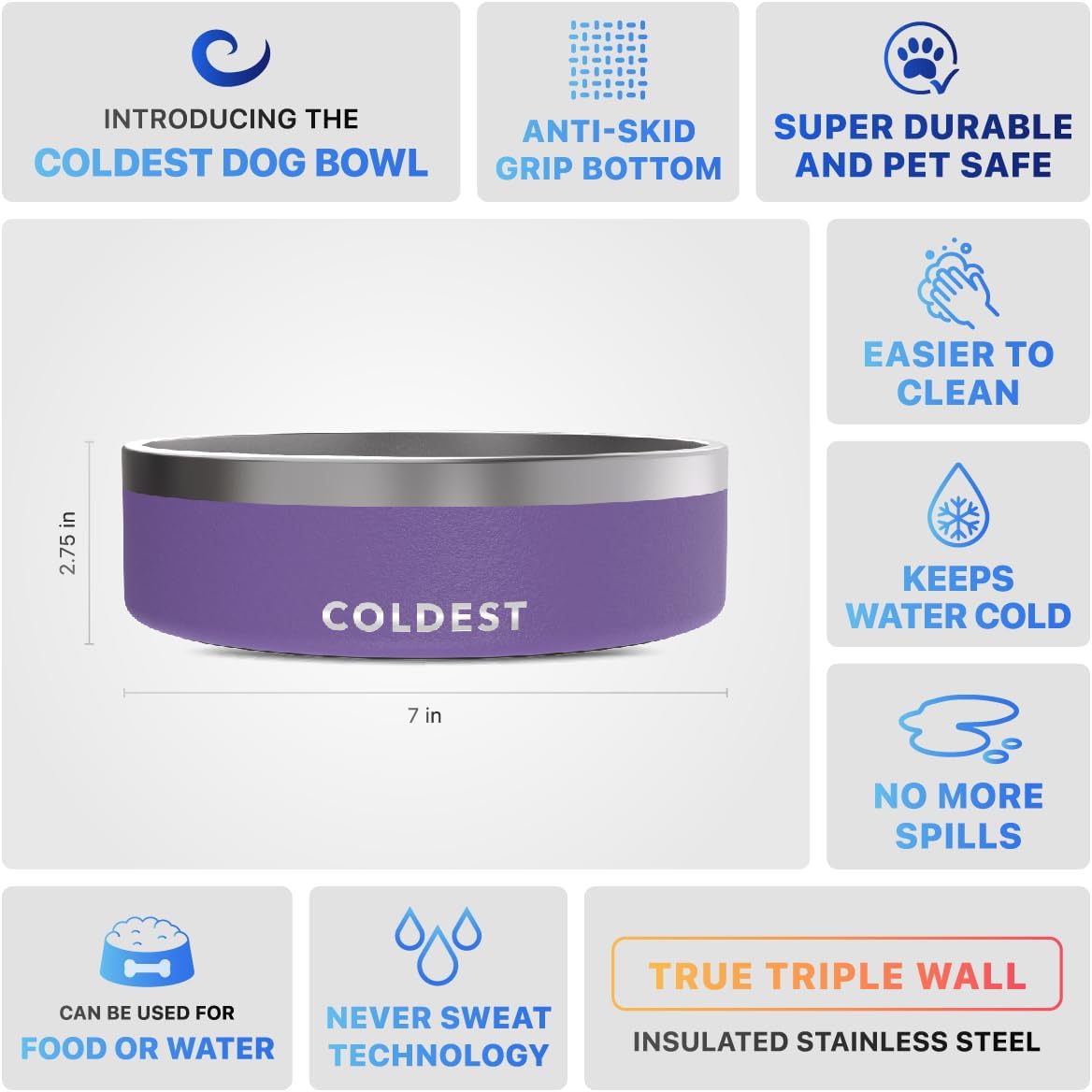 Coldest Dog Bowl - Anti Rust Metal, Non Slip, 3 Layers Insulated Stainless Steel Dog Bowls - Spill