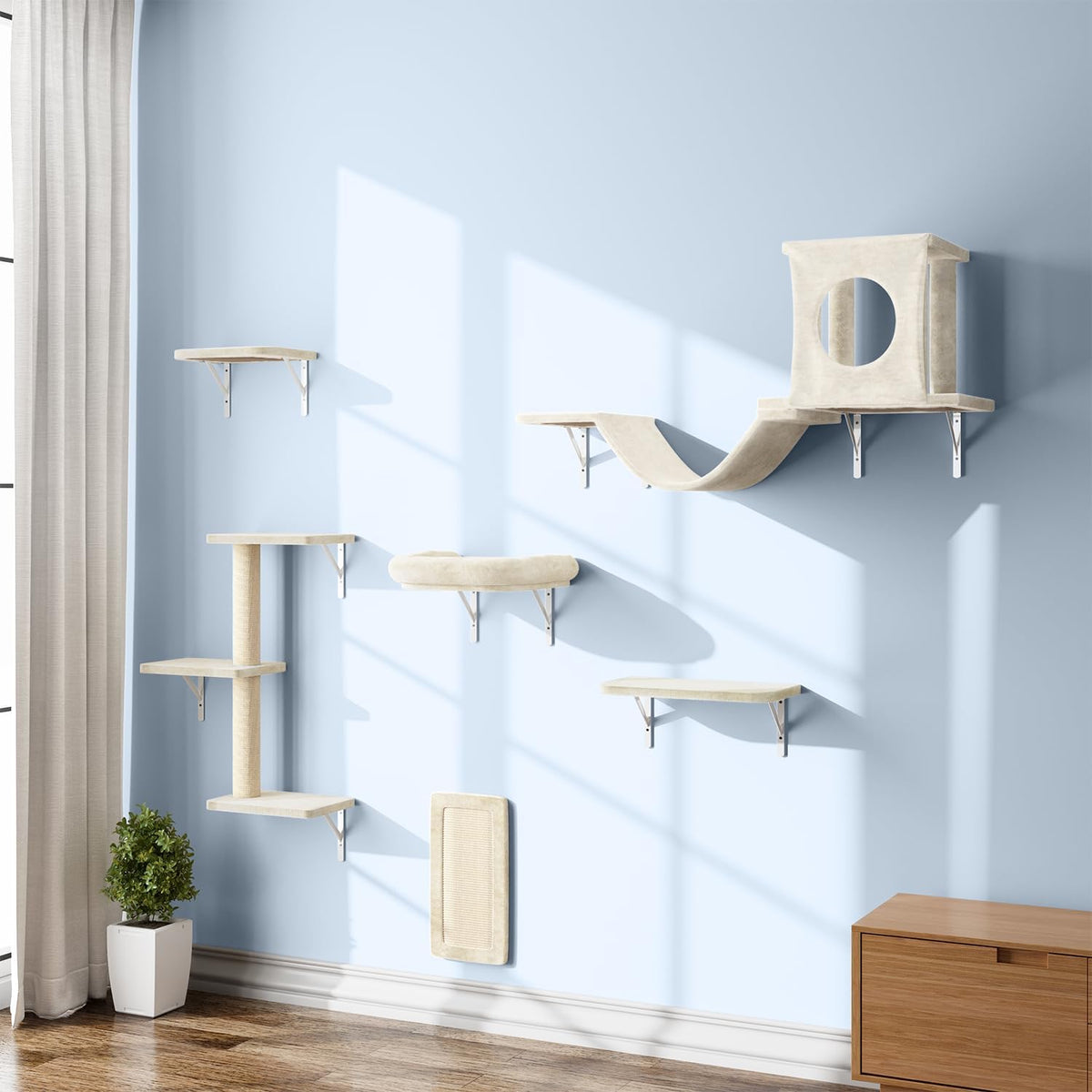 NUNU LAB Cat Wall Shelves, 6 Pcs Luxury Wall-Mounted Cat Climber Set, Indoor Cat Furniture with 1