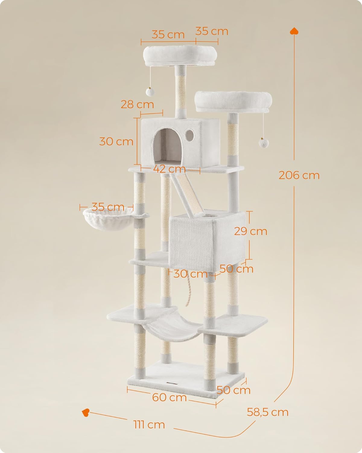 Feandrea Cat Tree, 81.1-Inch Large Cat Tower with 13 Scratching Posts, 2 Perches, 2 Caves, Basket