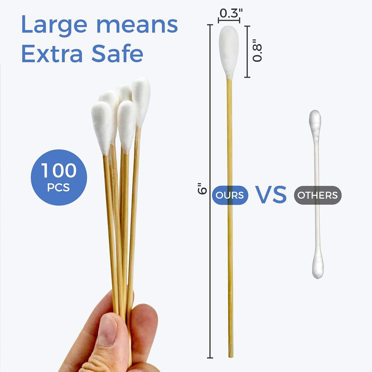 GOLD HONEY 6 Inch Large Cotton Swabs, 100PCS Dog Ear Swabs with Bamboo Handle for Dogs