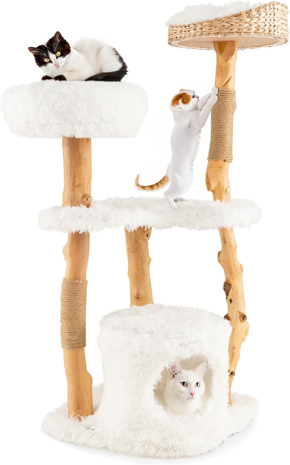 Tangkula Cat Tree Tower, Solid Wood Modern Cat Tower with Top Cattail Basket Bed, Side Perch, Large