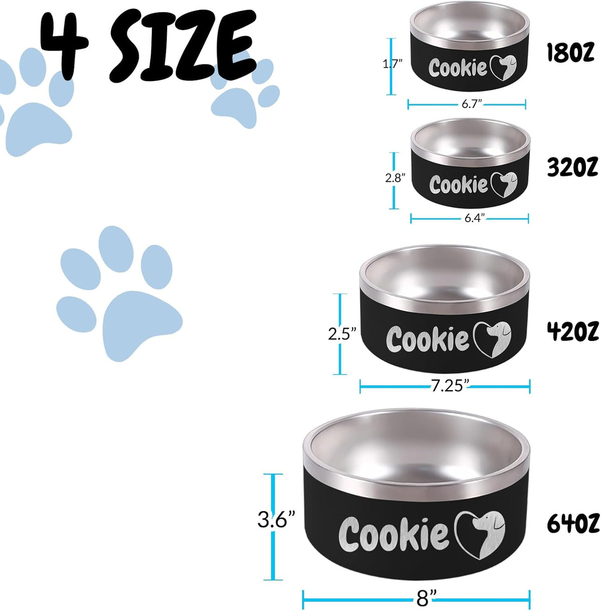 32OZ Personalized Dog Bowl Laser Engraved Custom Pet Name 18/32/42/64 oz No Slip Stainless Steel