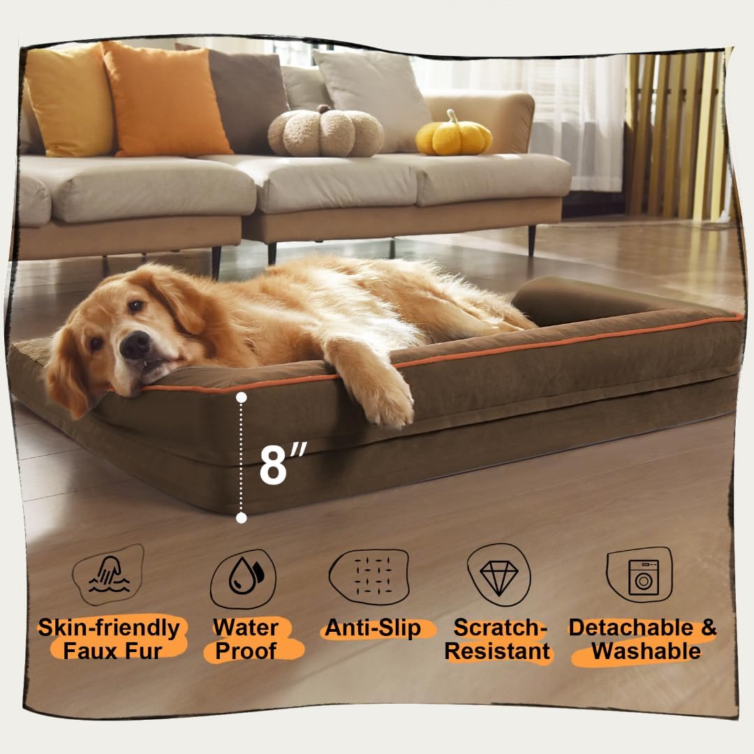 Large Dog Bed Orthopedic Washable: Extra Brown XL XLarge Big Dog Bed with Washable Bolster & Memory