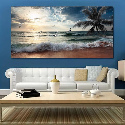 Yxbhhym Large Beach Ocean Canvas Wall Art Coast Sunset Sea Paintings Poster Seascape Picture Palm