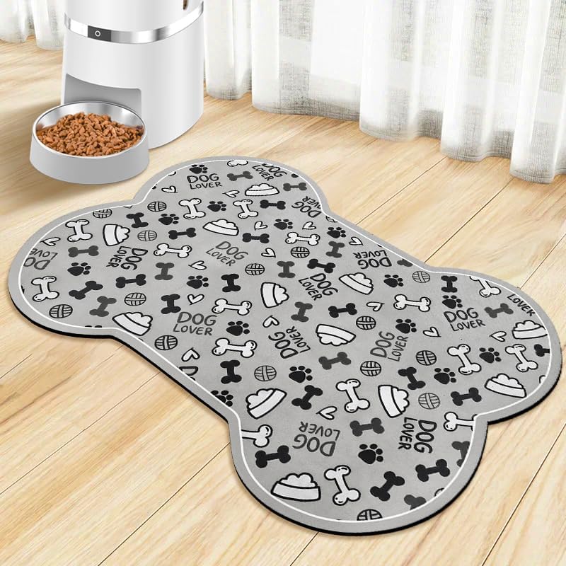 Dog Food Mats for Floors Waterproof, Pet Feeding Absorbent Water Bowl Mat Cat Placemats Gray Bone