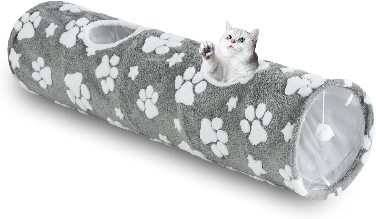 Straight Cat Tunnel for Indoor Cats 47"x12", Cute Cat Toys Collapsible Tunnel Tube with Balls for