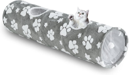 Straight Cat Tunnel for Indoor Cats 47"x12", Cute Cat Toys Collapsible Tunnel Tube with Balls for