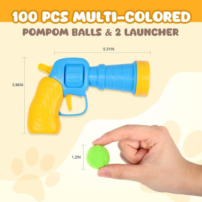 50Pcs Cat Toys Pom Pom Balls with 1 Launcher Set, Interactive Cat Toy Stuff for Indoor Both Adult &