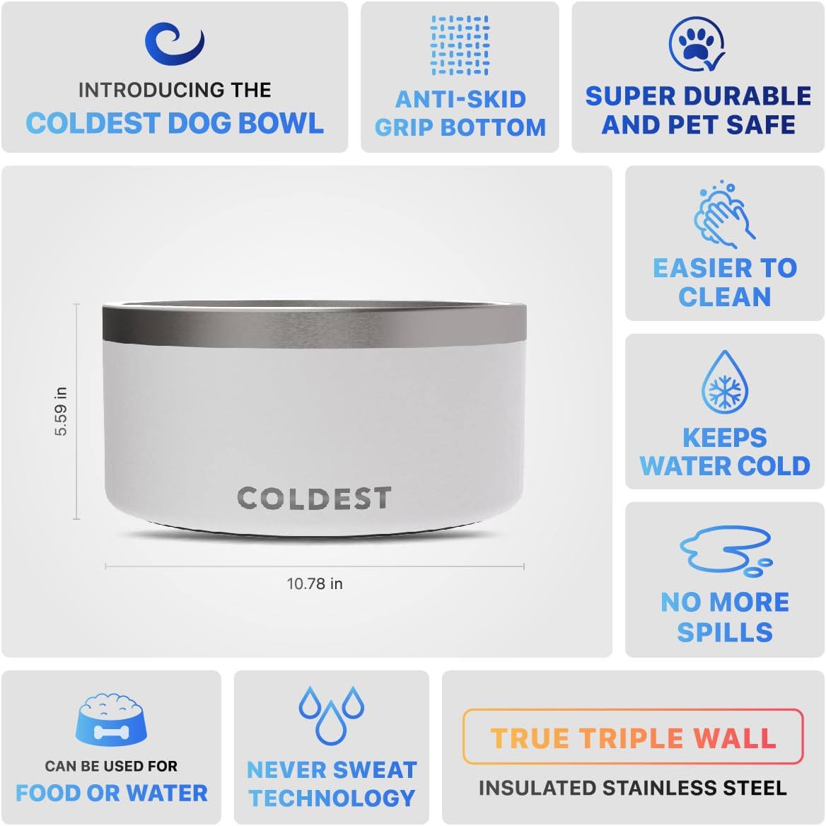 Coldest Dog Bowl - Anti Rust Metal, Non Slip, 3 Layers Insulated Stainless Steel Dog Bowls - Spill