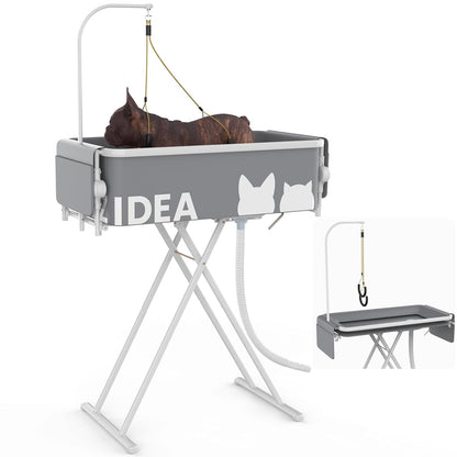 PAWZIDEA 2-in-1 Portable Dog Bathtub & Grooming Table, 33" Foldable Pet Washing Station for Small