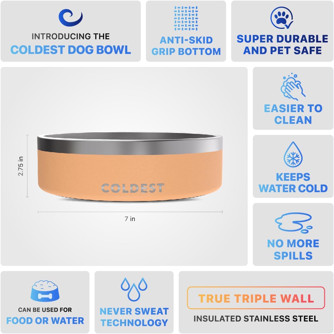 Coldest Dog Bowl - Anti Rust Metal, Non Slip, 3 Layers Insulated Stainless Steel Dog Bowls - Spill