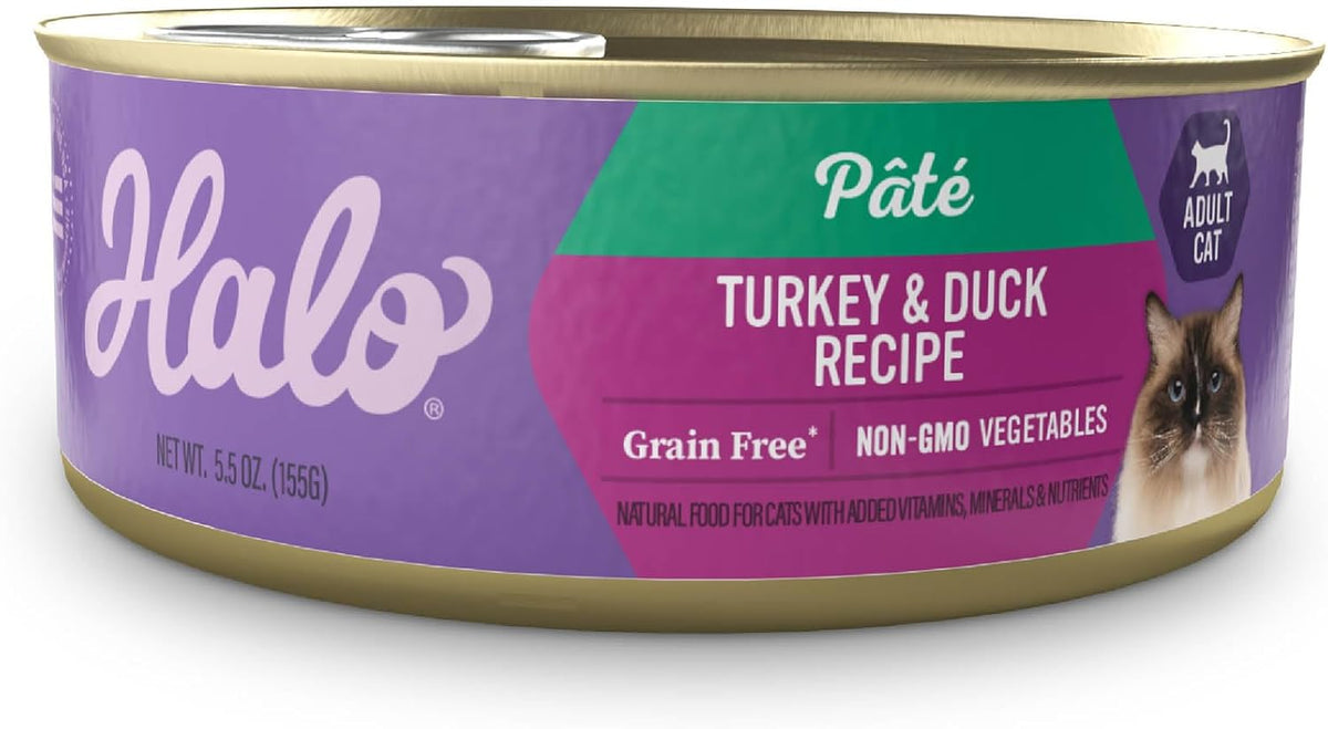 Halo Wet Cat Food Turkey & Duck Recipe, Grain Free Wet Cat Pate, Canned Cat Food for Extra