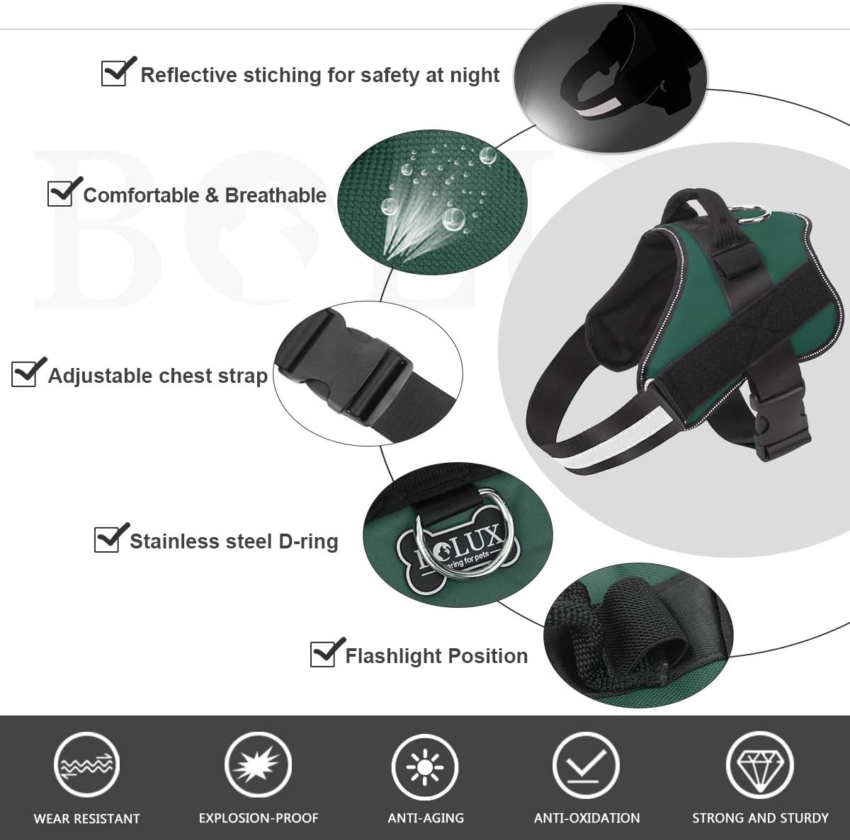 Bolux Dog Harness, No-Pull Reflective Dog Vest, Breathable Adjustable Pet Harness with Handle for