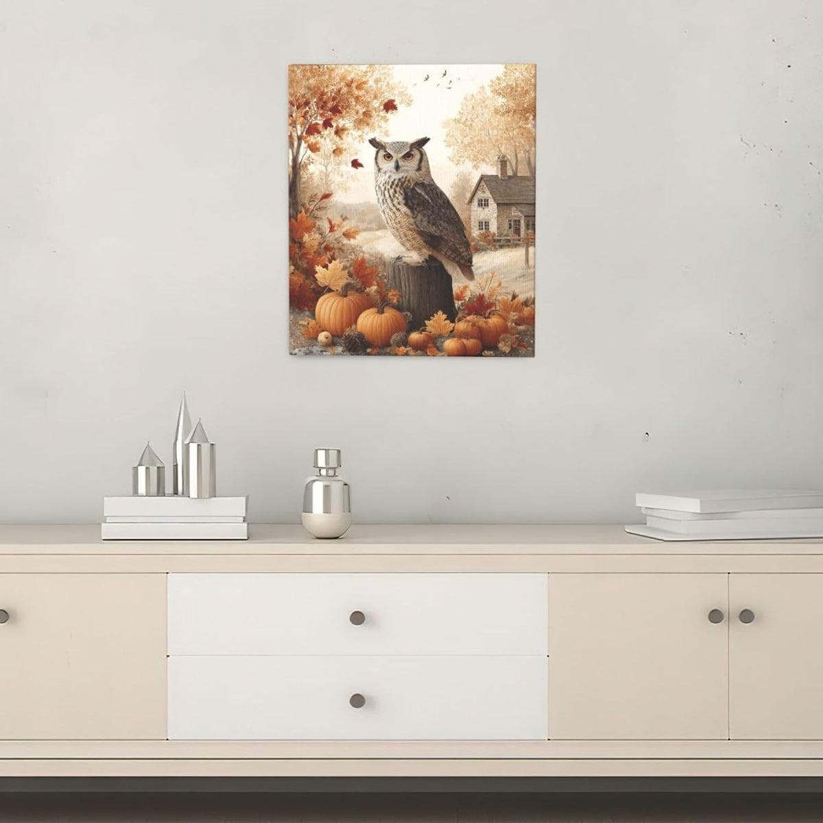 Fall Owl Wall Art Autumn Pumpkin Leaves Wall Decor Rustic Canvas Print Farmhouse Pictures Painting