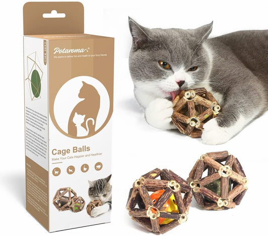 Potaroma Catnip Toys, 3Pcs Cat Toys Natural Silvervine Stick Cage Balls & Bell Ball for Indoor