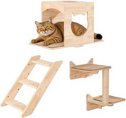 Cat Wall Shelves Set – Wall Mounted Cat Furniture with House, Sisal Mat, Scratching Posts & Perches