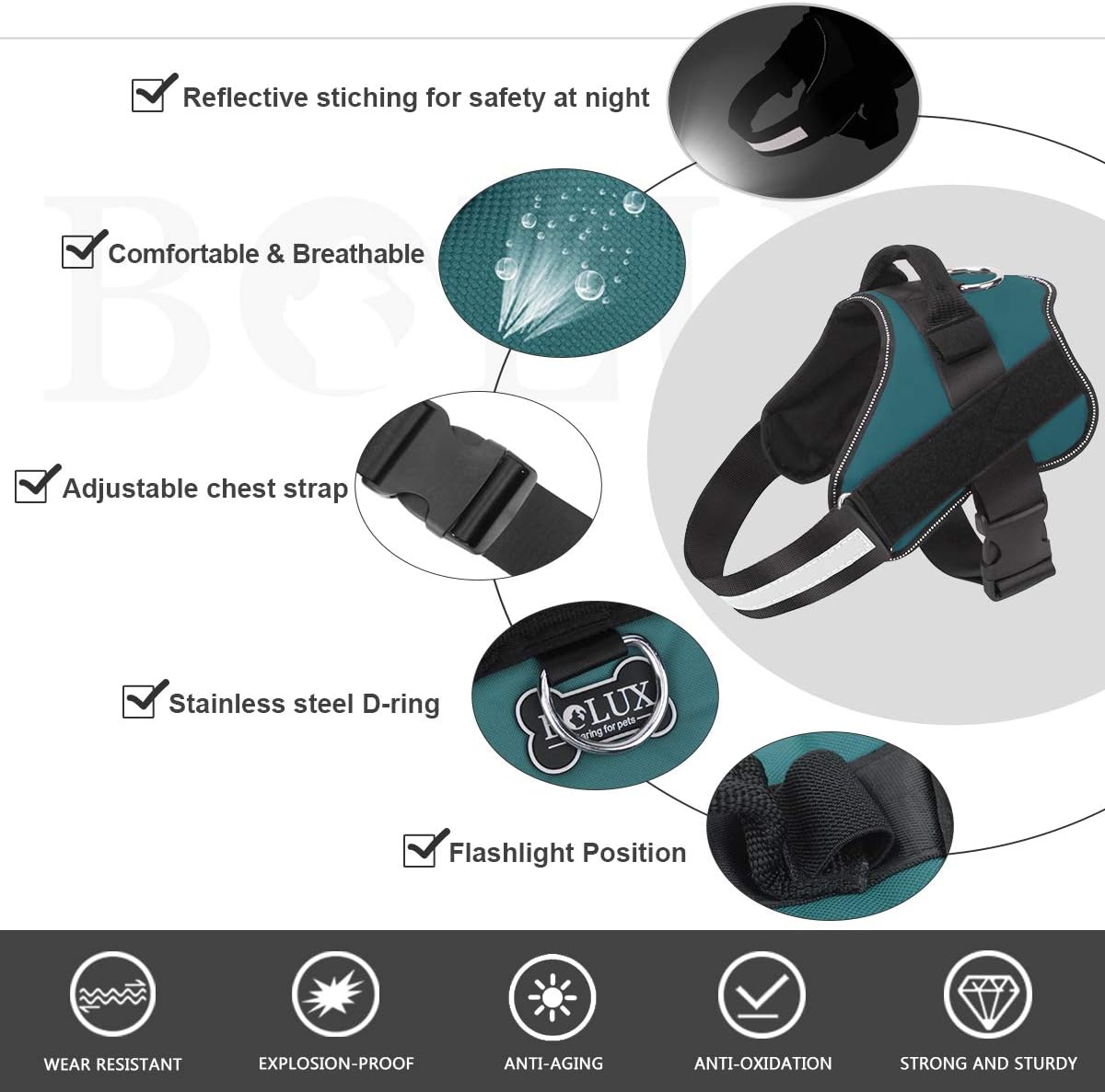 Bolux Dog Harness, No-Pull Reflective Dog Vest, Breathable Adjustable Pet Harness with Handle for