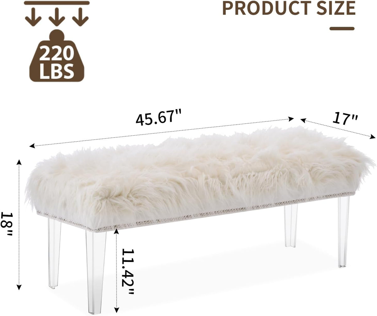 46 Inch White Bedroom Bench, Benches for Bedroom White Faux Fur Upholstered Bed end Bench, Tufting