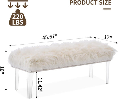 46 Inch White Bedroom Bench, Benches for Bedroom White Faux Fur Upholstered Bed end Bench, Tufting