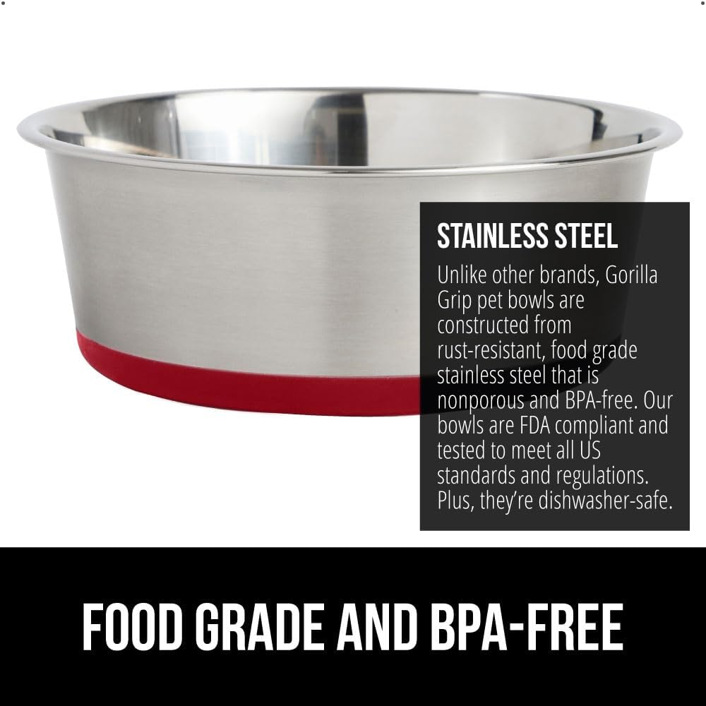 GORILLA GRIP Set of 2 Dog Bowls, Heavy Duty Metal Food and Water Bowl for Feeding Dogs and Cats