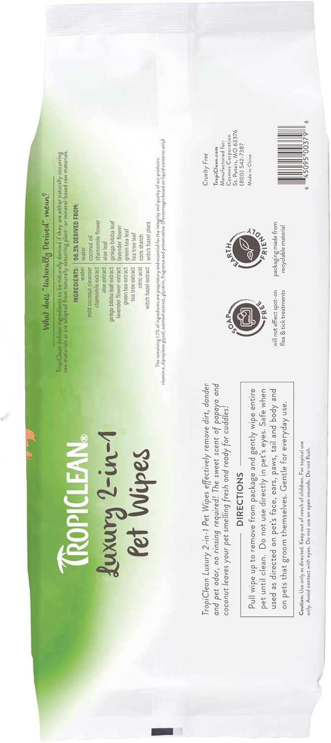 TropiClean Papaya & Coconut Luxury 2-in-1 Pet Wipes, 100ct - Wipes for Dogs & Cats - Gently Removes