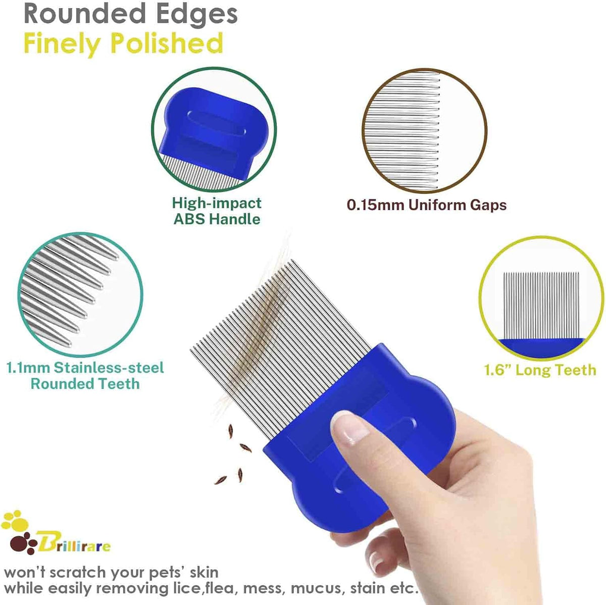 4 Pack Flea Lice Comb, Stainless Steel Dog Cat Grooming Combs with Rounded Teeth, Double Sided