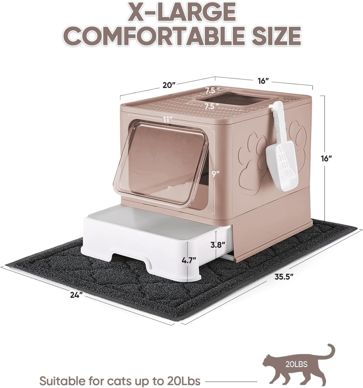 Cat Litter Box with X-Large Litter Mat and Scoop, Large Foldable Litter Box with Lid, Enclosed