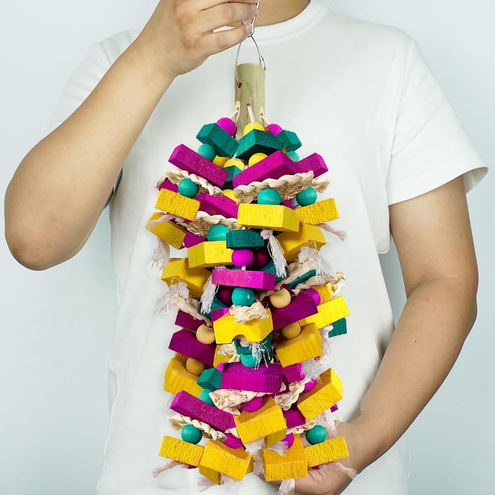Large Bird Toys, Multi-Color Wooden Block with Bamboo Support Bird Chewing Toy Parrot Cage Bite Toy