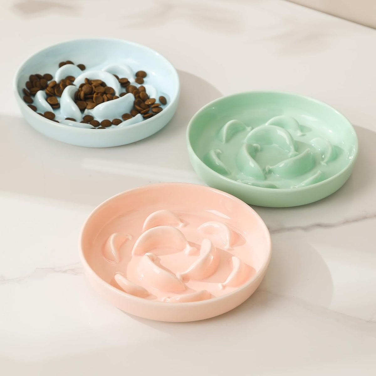 Ceramic Cat Slow Feeder Bowl - Pastel Series Cat Plate for Dry and Wet Food - Cute Maze Feeder Dish