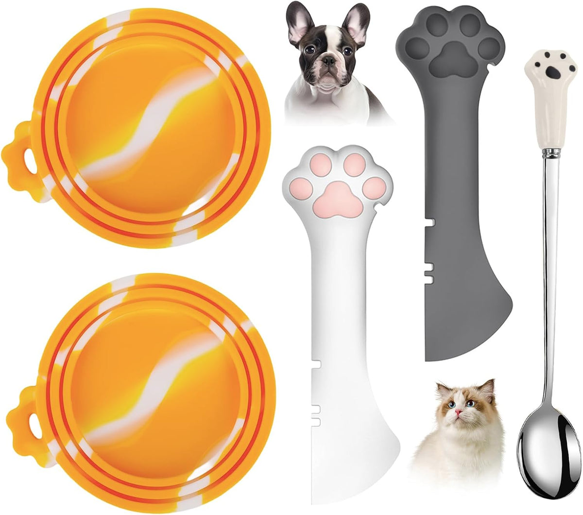 Comtim 5 Pcs Silicone Dog & Cat Food Covers - Multi-Function Can Opener Top/Spoon Spatula for Wet