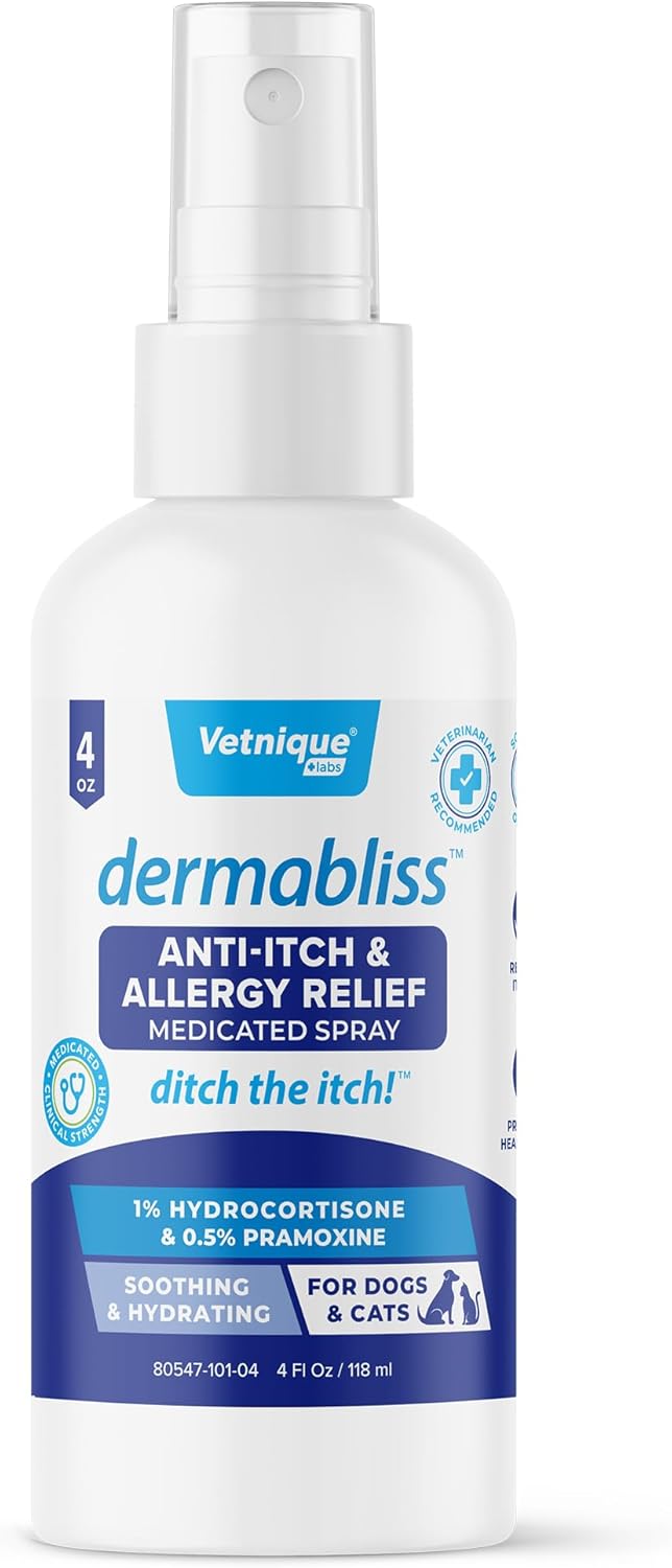 Vetnique Dermabliss Anti Itch Spray for Dogs & Cats with Hydrocortisone for Allergies and Immediate
