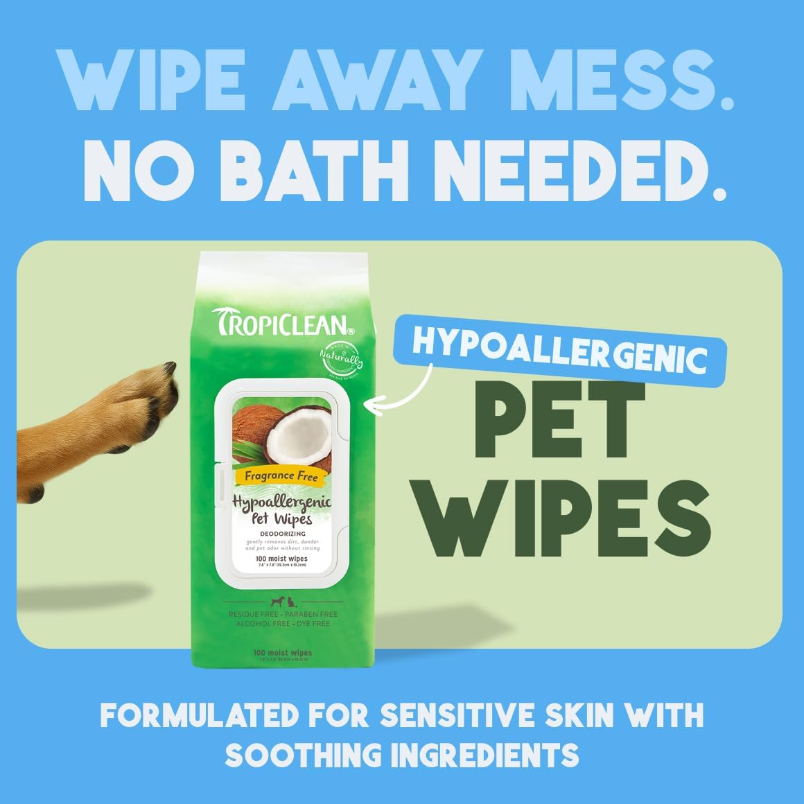 TropiClean Hypoallergenic Dog Wipes for Paws and Bottom | Fragrance Free Dog Grooming Wipes | Safe