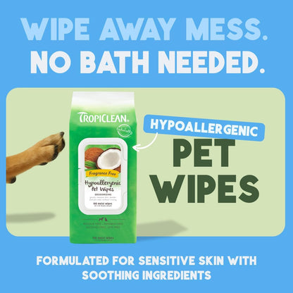 TropiClean Hypoallergenic Dog Wipes for Paws and Bottom | Fragrance Free Dog Grooming Wipes | Safe