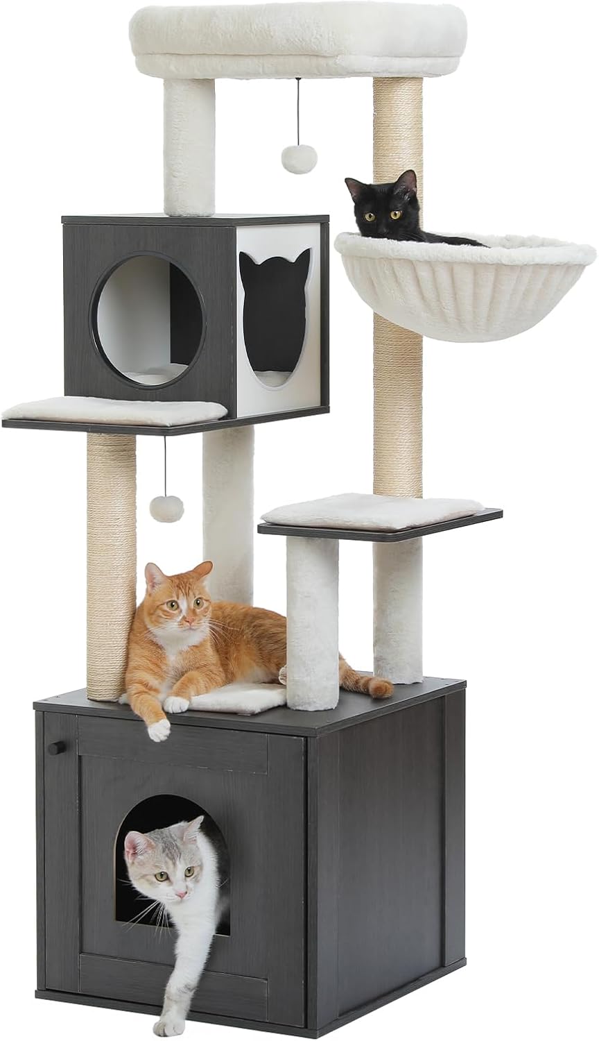 PEQULTI 57.5" Cat Tree with Litter Box Enclosure Large, Wood Cat Tower for Indoor Cats with Storage